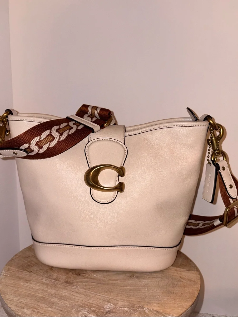 Coach chalk bucket Bag with Brown Patterned Strap and Gold Hardware